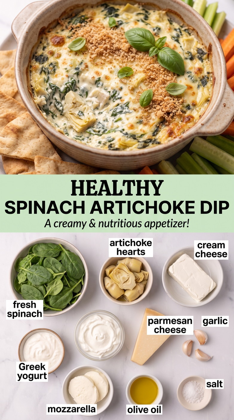 Healthy spinach artichoke dip finished dish made with fresh spinach, artichoke hearts, and cream cheese