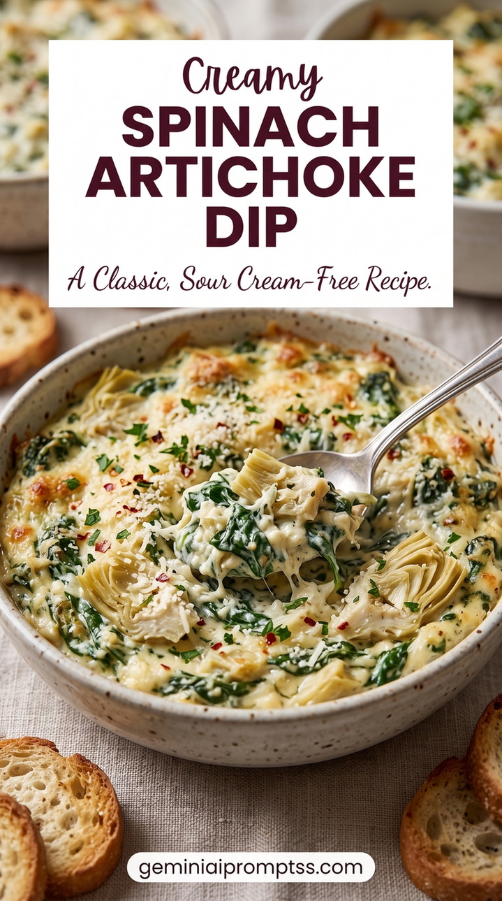 Spinach artichoke dip without sour cream showing a sour-cream-free dip with a creamy yogurt base, browned cheese, and visible artichokes