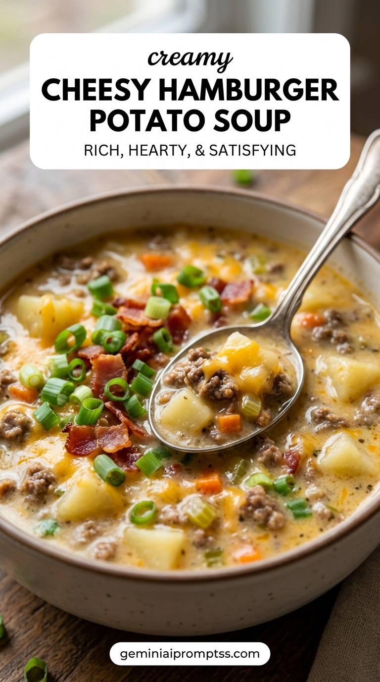 Cheesy Hamburger Potato Soup showing a creamy cheesy hamburger potato soup with beef, potatoes, carrots, bacon, cheddar, and green onions