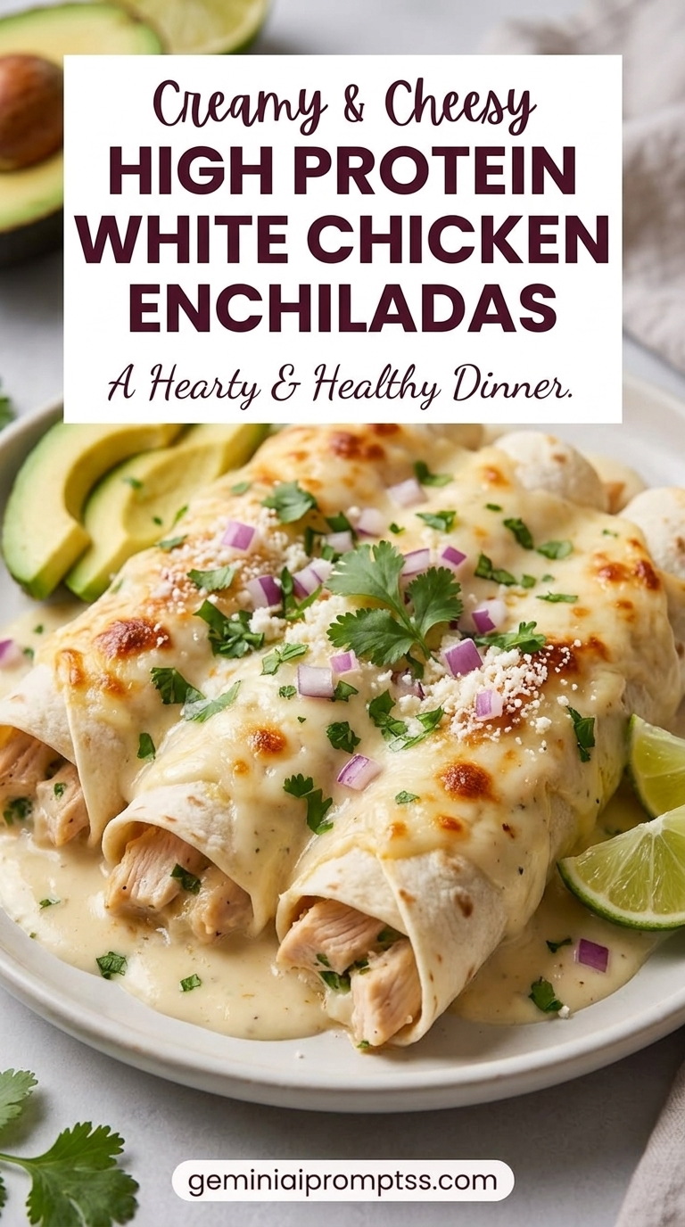 High Protein White Chicken Enchiladas with rolled chicken-filled tortillas, a pale creamy sauce, melted cheese, green chile or herb garnish, and lightly browned edges