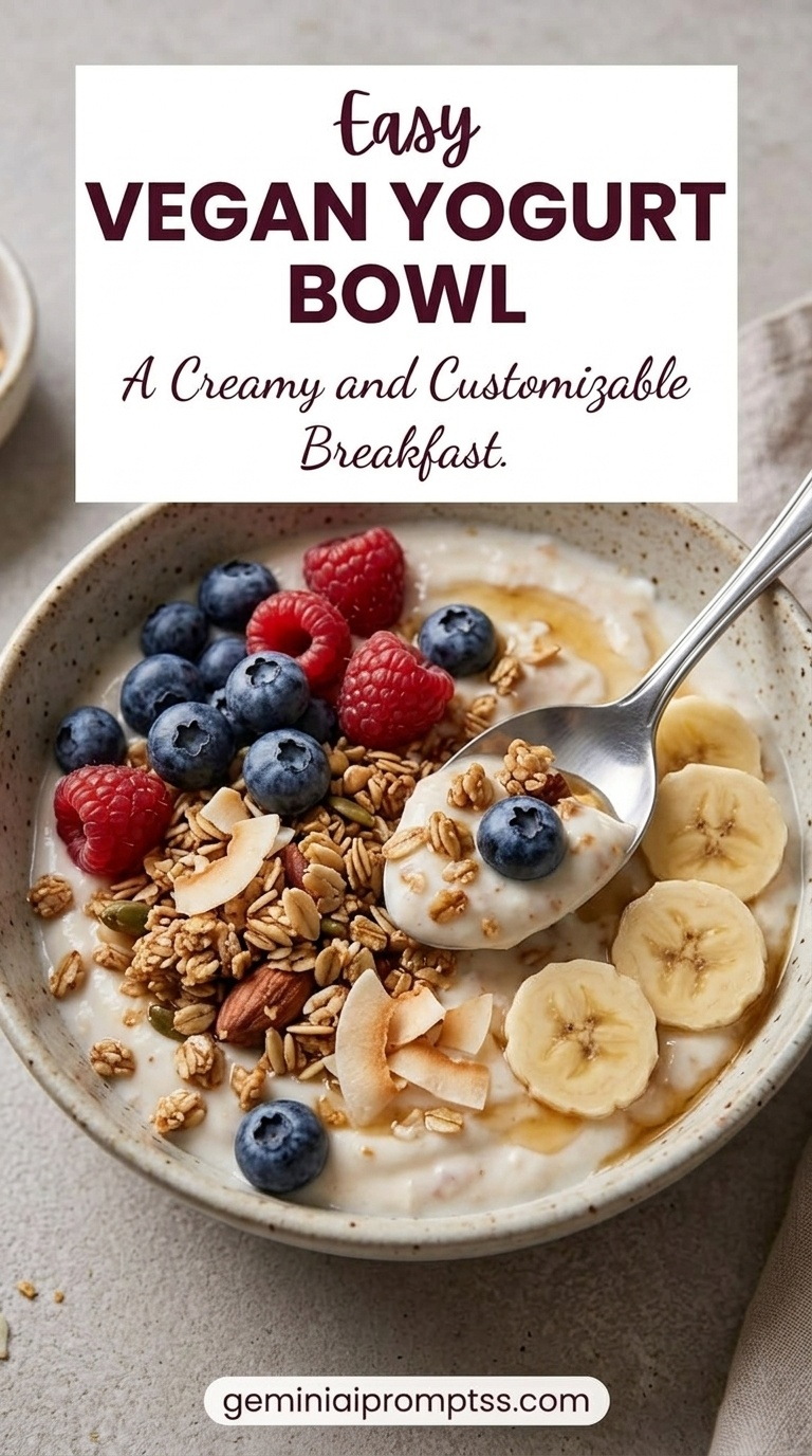 Vegan Yogurt Bowl showing coconut yogurt with berries, banana, granola, coconut, almonds, and maple