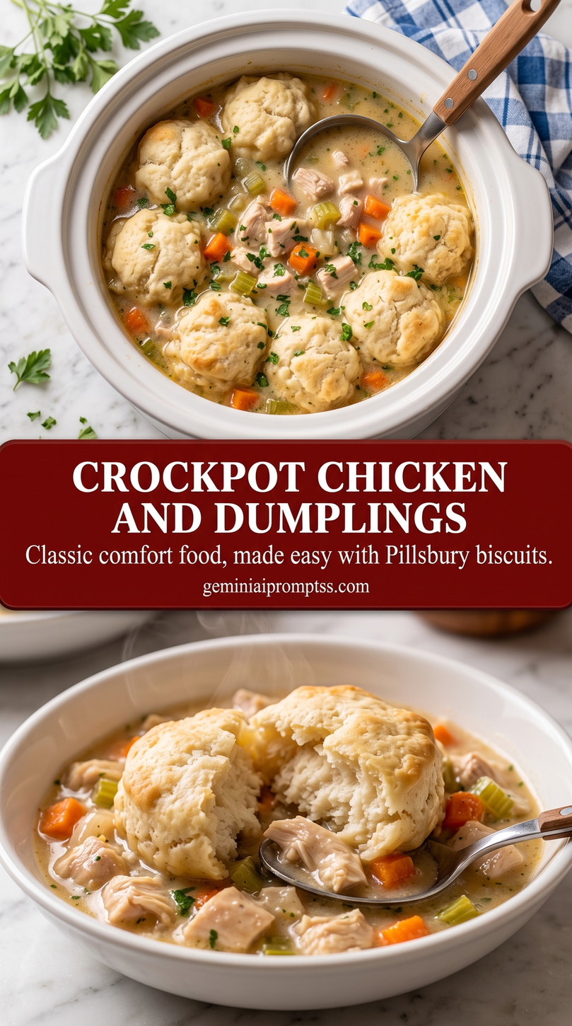 crockpot chicken and dumplings with Pillsbury biscuits with crockpot chicken and dumplings with chicken, carrots, celery, peas, herbs, and puffy biscuit dumplings