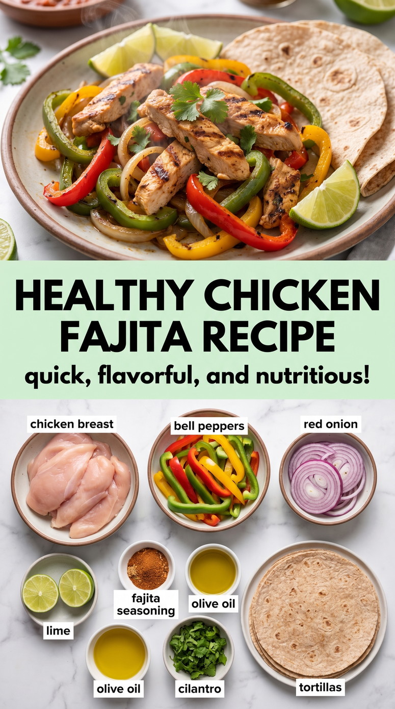 Healthy chicken fajita recipe showing seared fajita meat with colorful peppers and onions