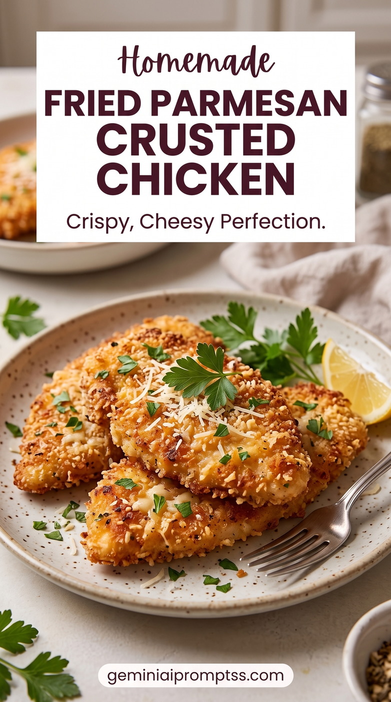 Fried Parmesan Crusted Chicken with golden Parmesan-crusted chicken with a crisp, textured top, a fresh green herb garnish, and a simple vegetable side