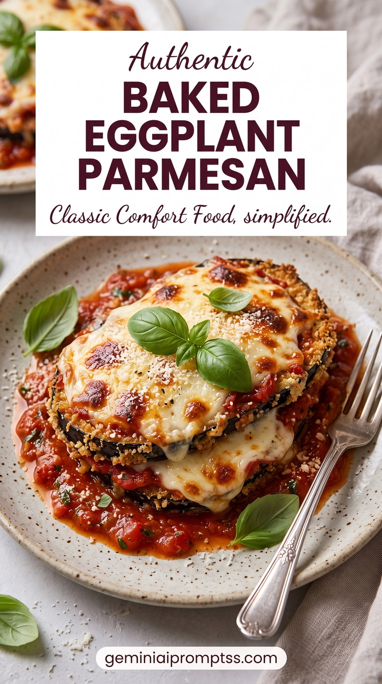 Baked Panko Eggplant Parmesan showing baked breaded eggplant parmesan with tomato sauce, cheese, and basil