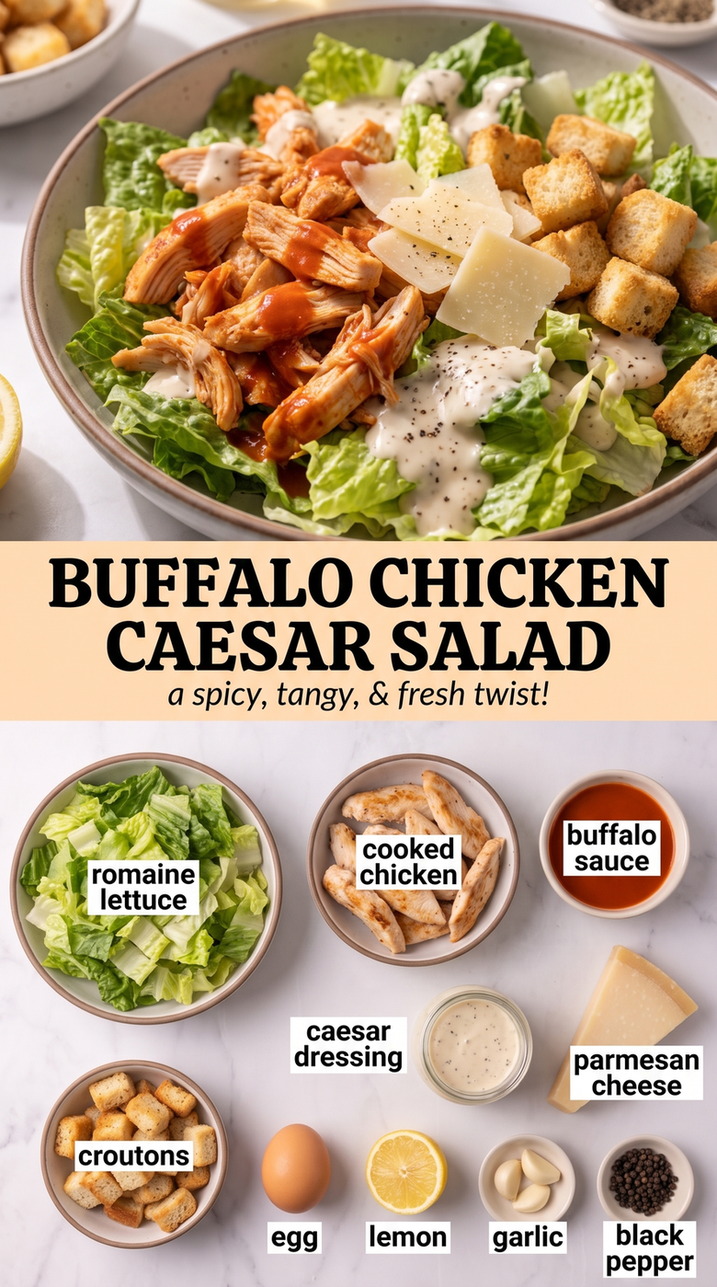 Buffalo Chicken Caesar Salad - chicken with crisp romaine, Parmesan, Caesar dressing, and crunchy toppings