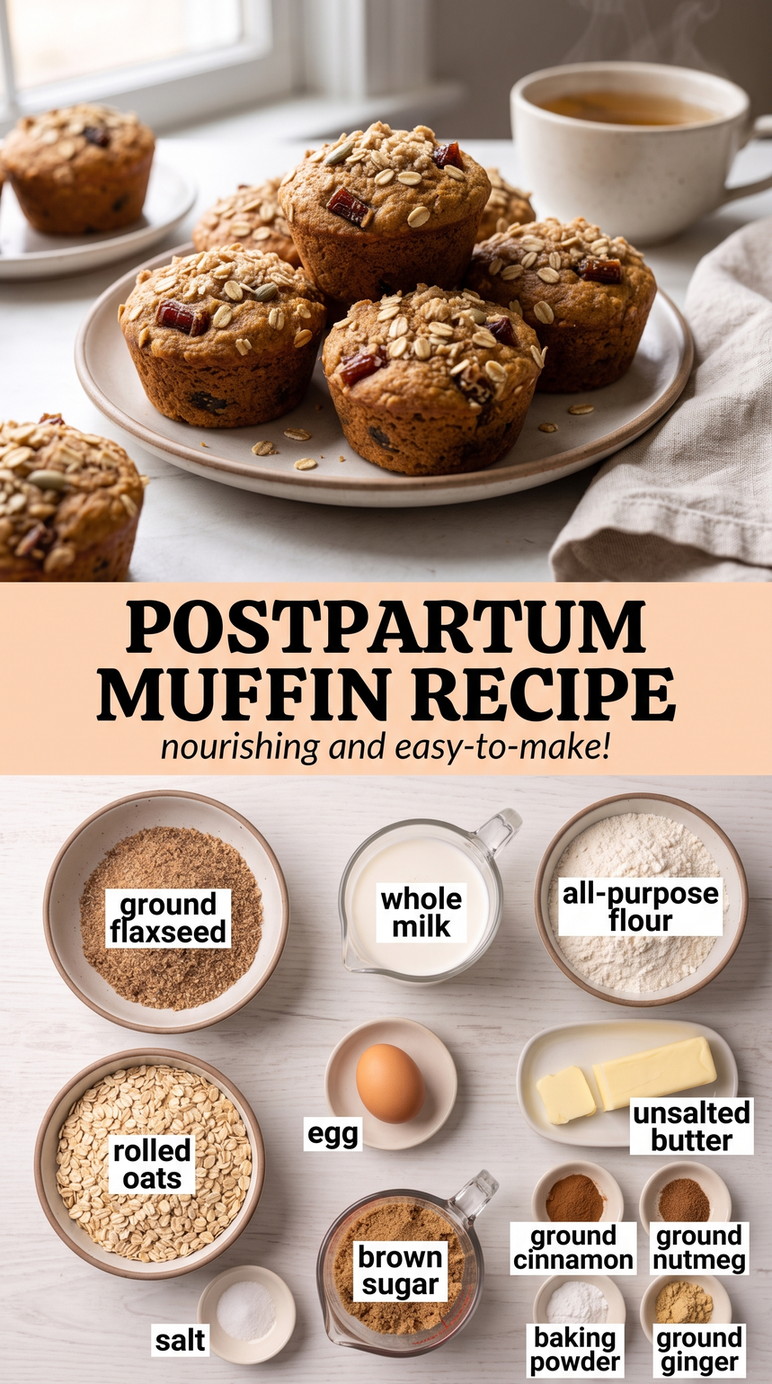 Postpartum Muffin Recipes showing golden oat and flax muffins with a seeded oat topping