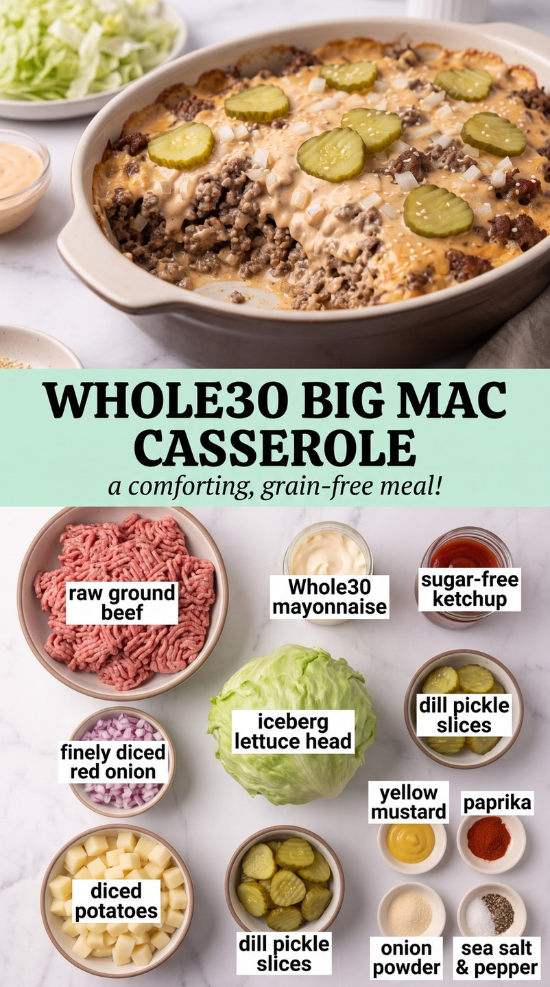 Whole30 Big Mac Casserole with Whole30-style beef and potato casserole with pickle-mustard sauce, shredded lettuce, onion, paprika, and dill pickles