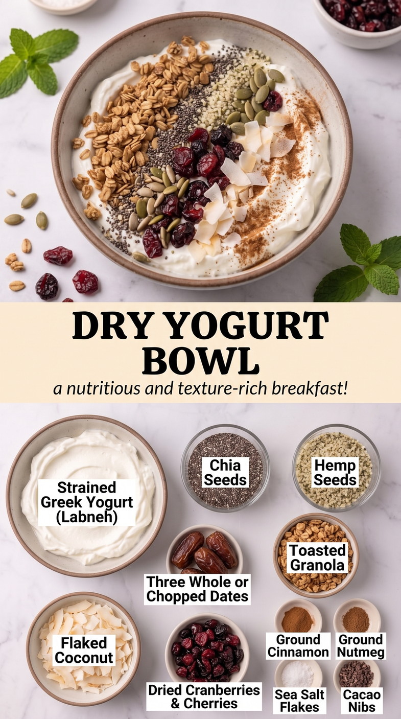Dry Yogurt Bowl showing very thick strained yogurt with dates, granola, seeds, coconut, dried fruit, cinnamon, and nutmeg