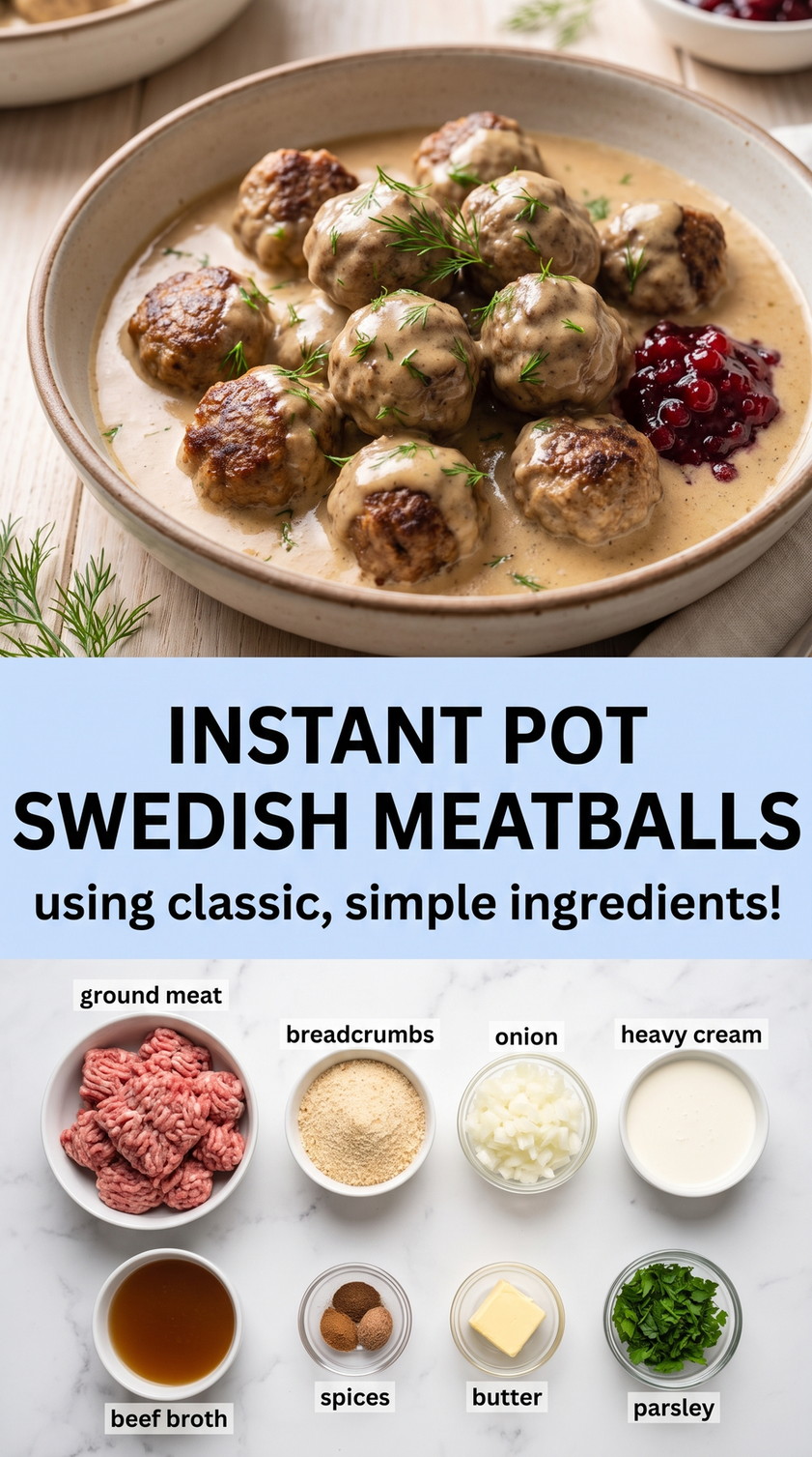 Instant Pot Swedish meatballs finished dish made with ground meat, breadcrumbs, and onion
