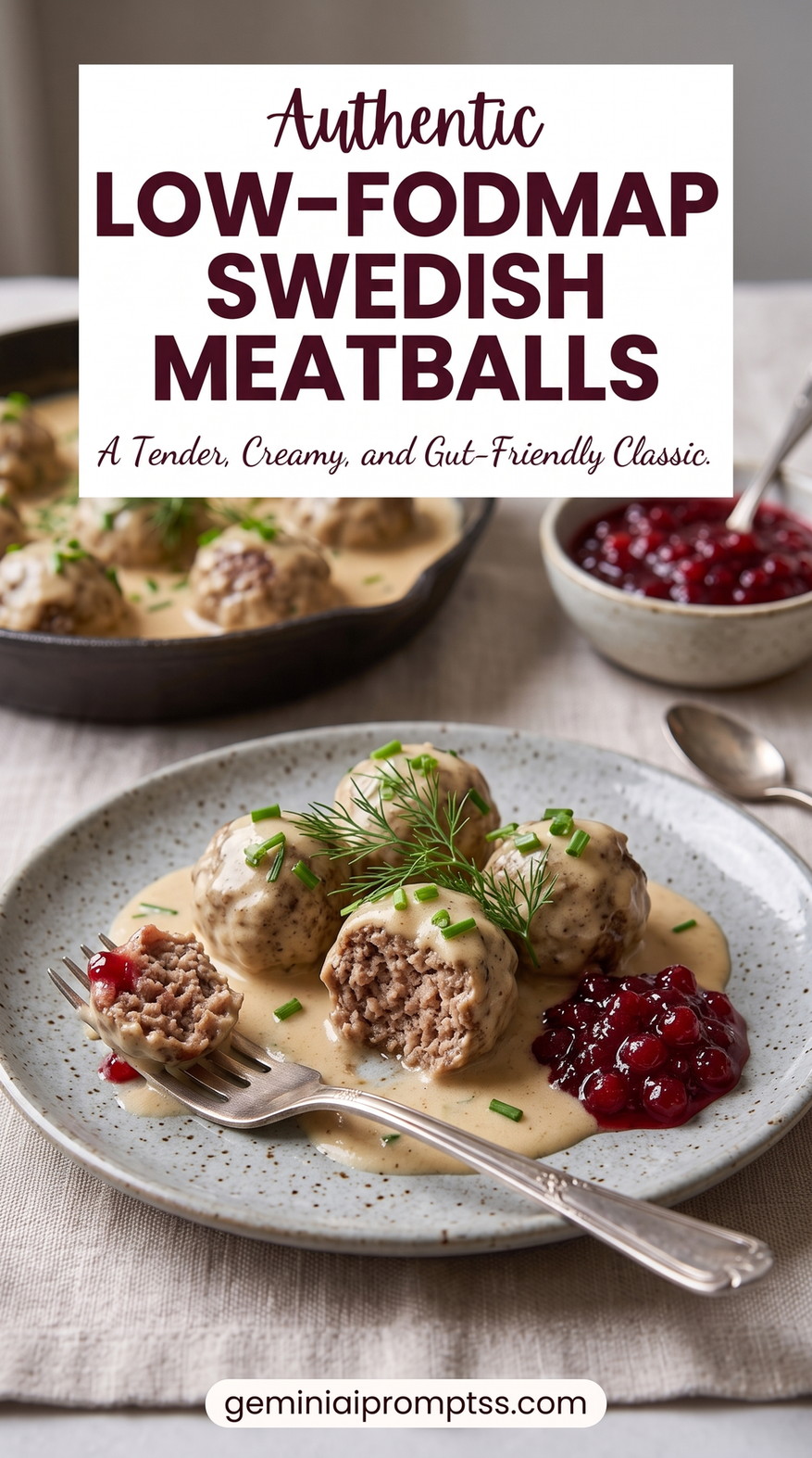 Low-FODMAP Swedish meatballs showing onion-free, garlic-solid-free meatballs with lactose-free cream gravy