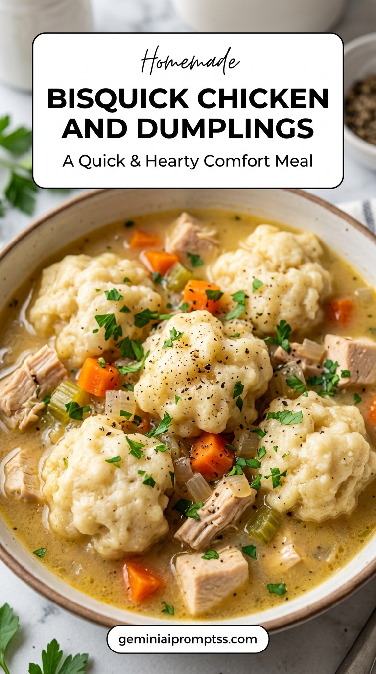 Bisquick Chicken and Dumplings showing a quick chicken stew with carrots, celery, large Bisquick-style dumplings, and chopped green herbs