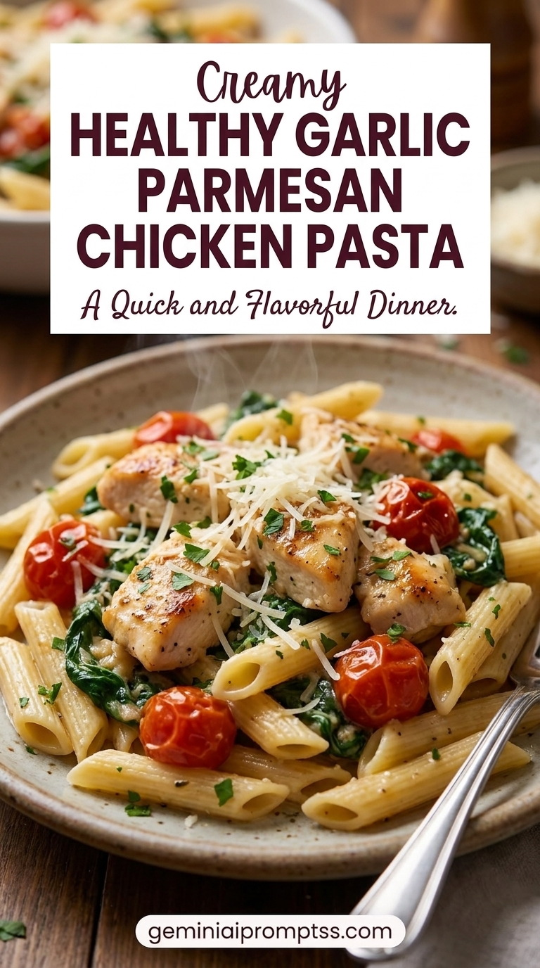 Healthy Garlic Parmesan Chicken Pasta with chicken, pasta, creamy Parmesan coating, cherry tomatoes, greens, grated cheese, and fresh herb garnish