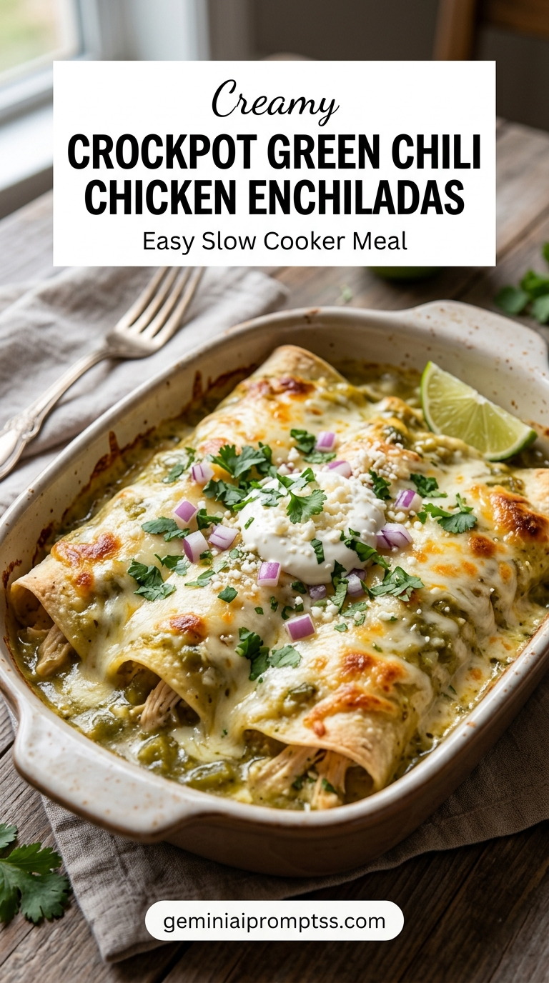 Crockpot Green Chili Chicken Enchiladas finished dish with shredded chicken, melted cheese