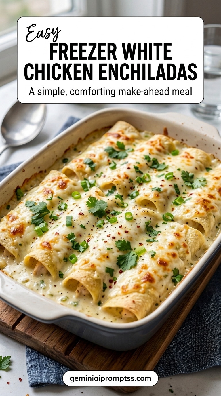 Freezer White Chicken Enchiladas finished recipe with a make-ahead method that freezes well