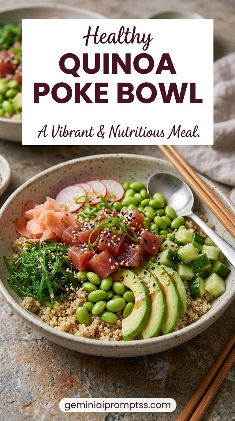 Quinoa Poke Bowl showing ahi tuna with quinoa, avocado, cucumber, edamame, seaweed salad, ginger, and sesame