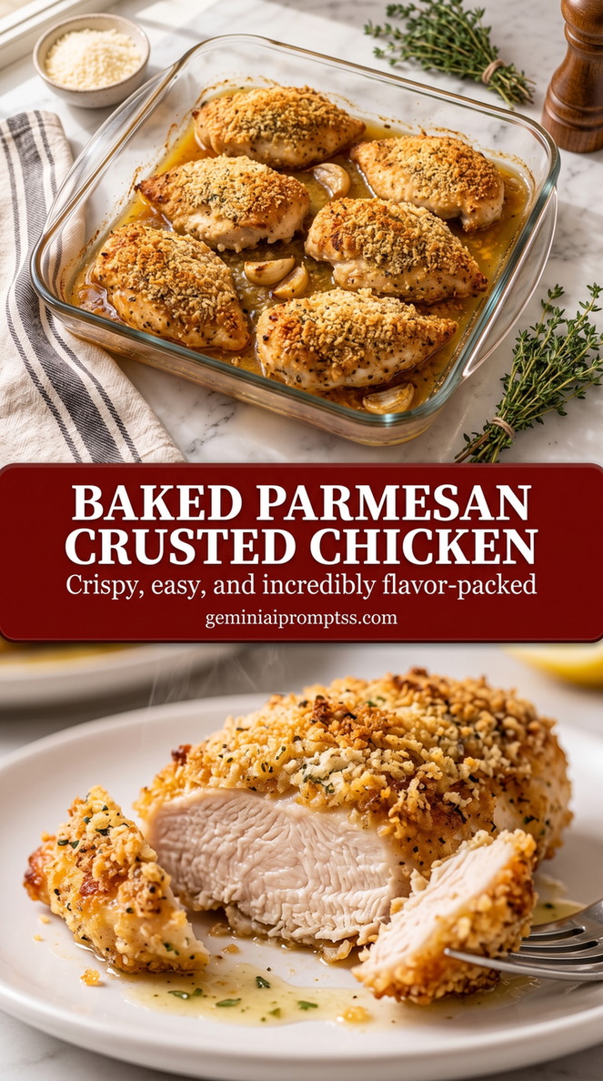 Baked Parmesan Crusted Chicken with golden Parmesan-crusted chicken with a crisp crumb surface and a tender white center