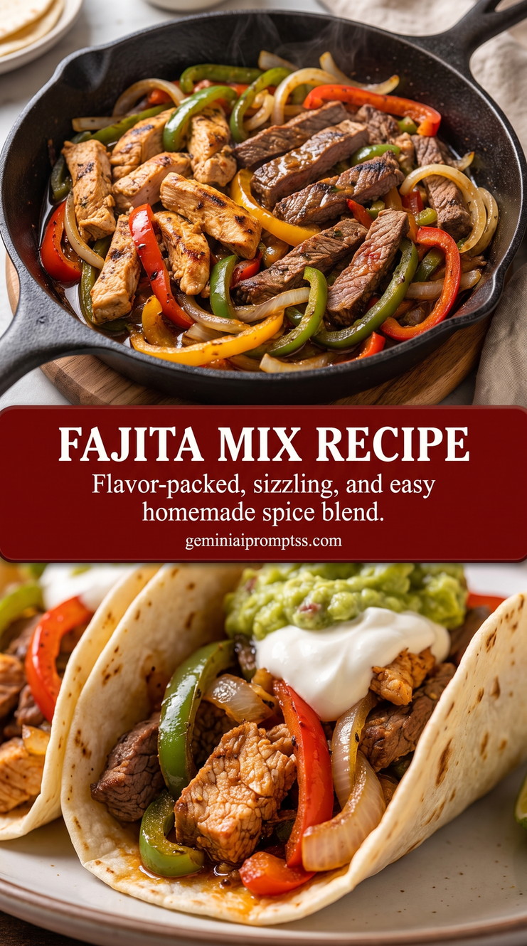 chicken fajita skillet with homemade fajita mix with charred chicken strips, sweet peppers, onions, and warm tortillas