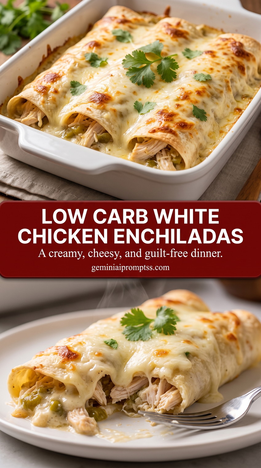 Low carb white chicken enchiladas showing baked chicken enchiladas covered with bubbling sauce and melted cheese
