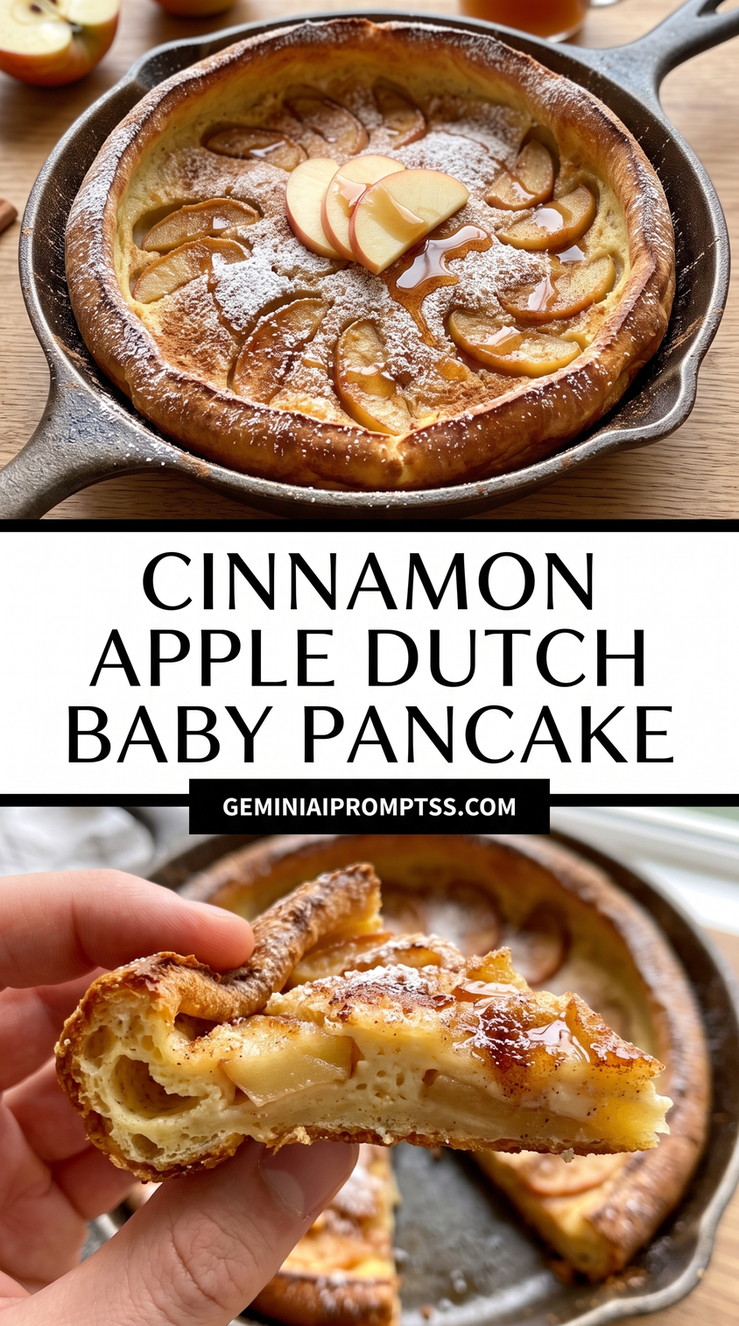 Cinnamon Apple Dutch Baby Pancake showing Dutch baby baked with neatly fanned apple slices, cinnamon-colored surface and puffed rim