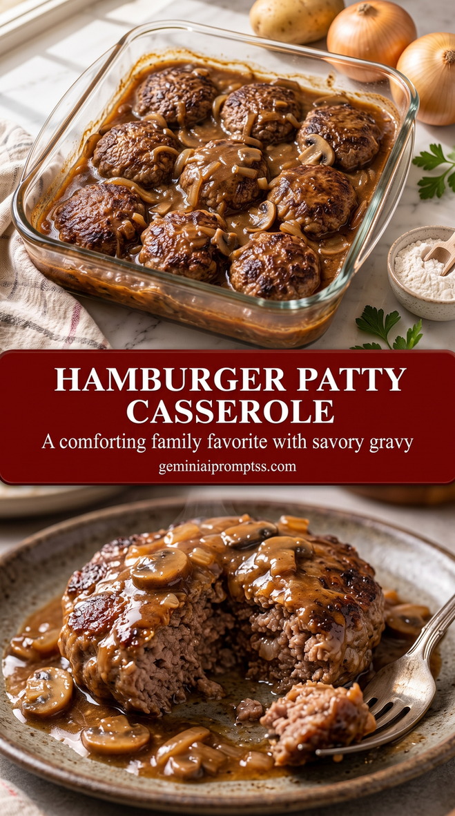 hamburger patty casserole with browned hamburger patties baked in onion and mushroom gravy