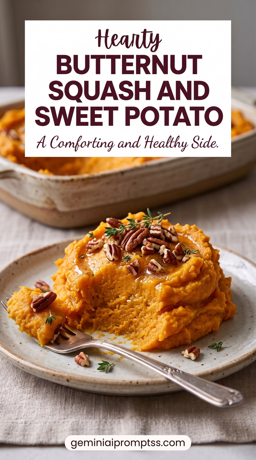 Butternut squash and sweet potato recipe showing a smooth orange mash topped with toasted pecans and thyme