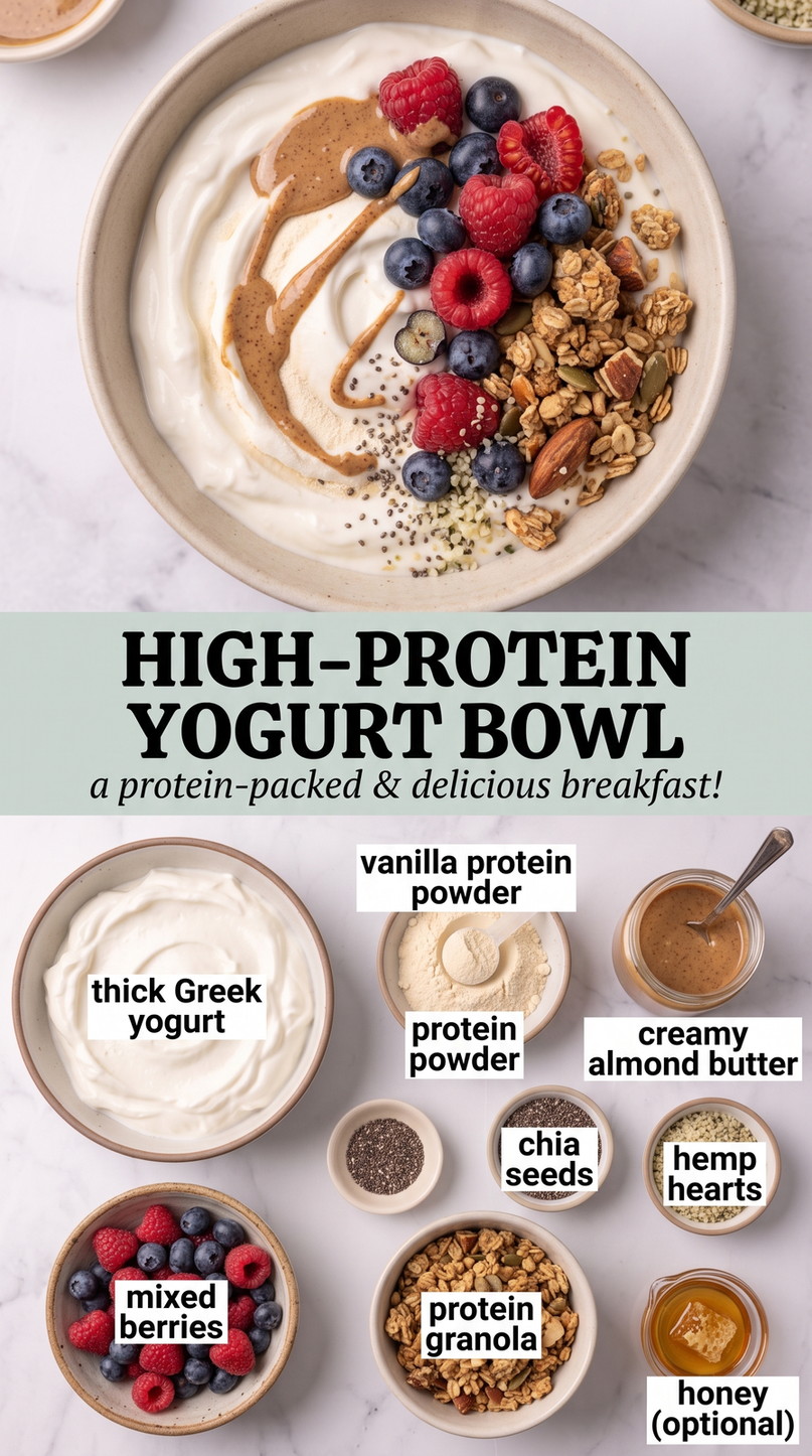 High-protein Yogurt Bowl showing high-protein Greek yogurt with berries, protein granola, almond butter, chia, hemp, and honey
