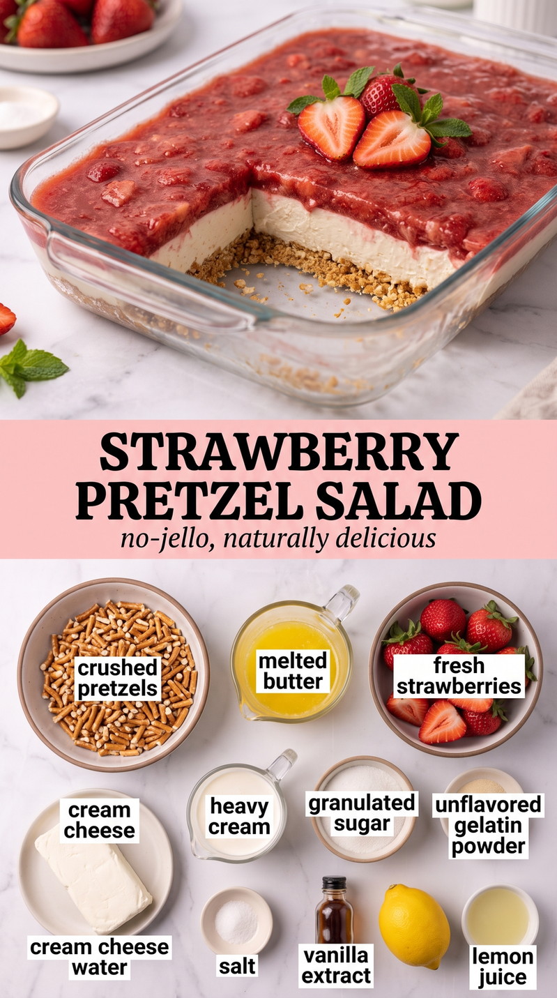 Strawberry Pretzel Salad Without Jello with strawberry pretzel salad made without boxed Jell-O, using fresh berries, cream cheese, whipped cream, lemon, and unflavored gelatin