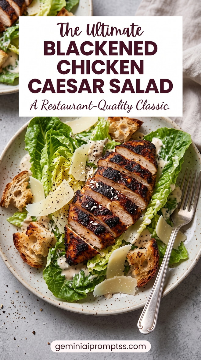 Blackened Chicken Caesar Salad with golden chicken, crisp romaine, Parmesan, creamy Caesar-style dressing, and crunchy elements such as croutons or toasted bread