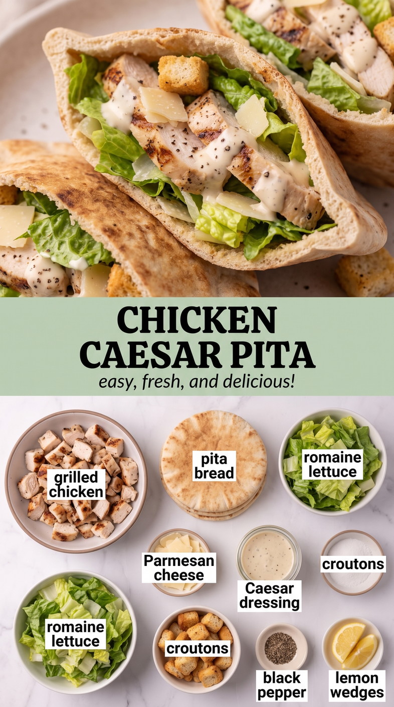 Chicken Caesar Pita Pockets - chicken with crisp romaine, Parmesan, Caesar dressing, and crunchy toppings