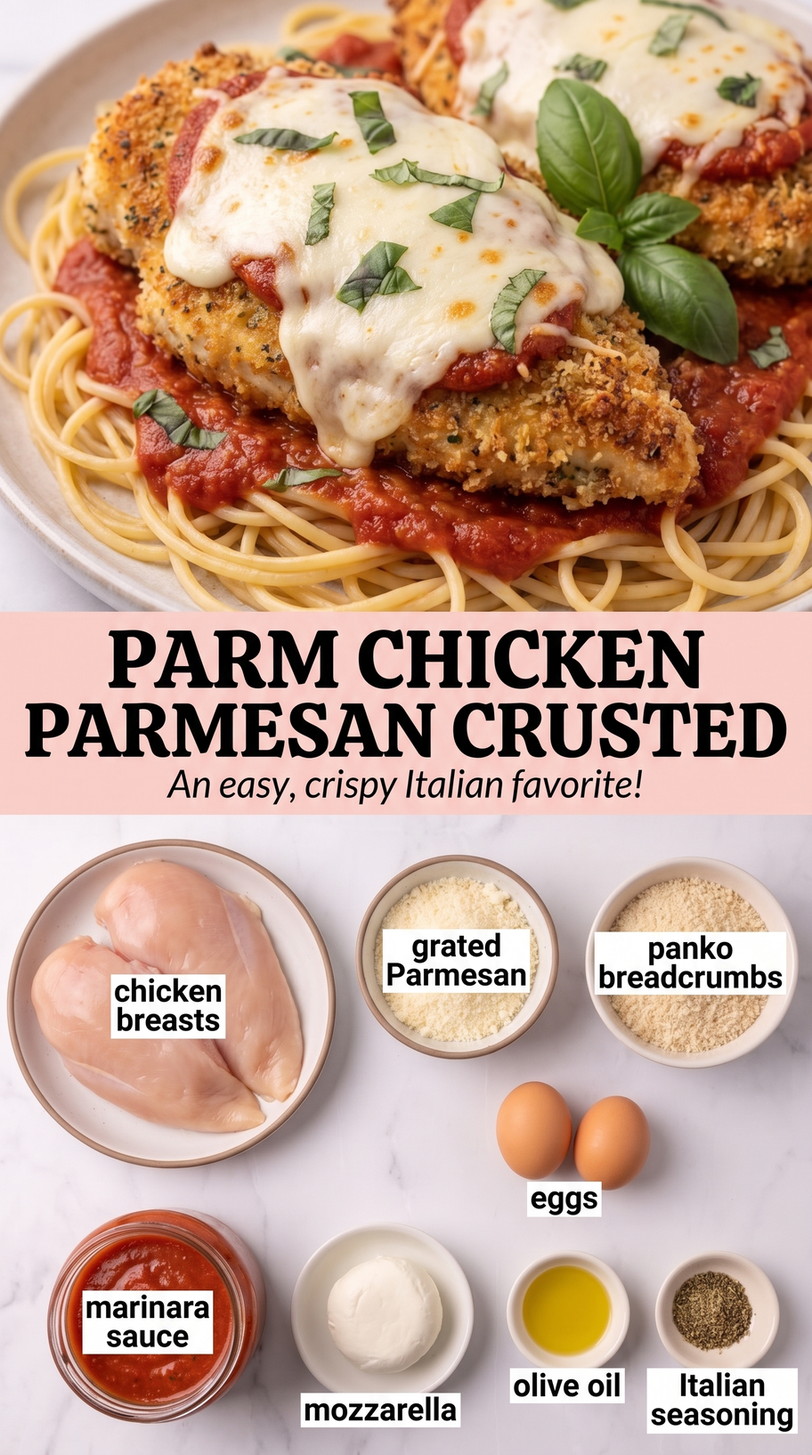 Parm chicken parmesan crusted showing golden breaded chicken topped with marinara, melted cheese, and herbs