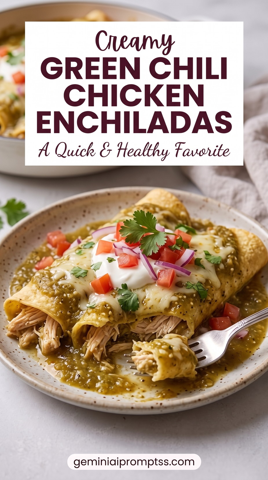 White Green-Chile Chicken Enchiladas with rolled tortillas, chicken, white sauce, melted cheese