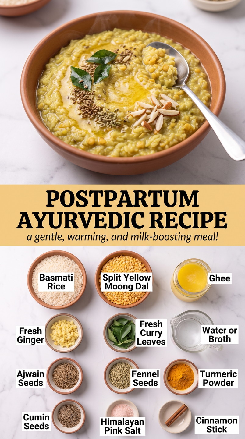 Postpartum Ayurvedic Recipes showing a warm yellow rice-and-moong-dal bowl finished with ghee, seeds and nuts