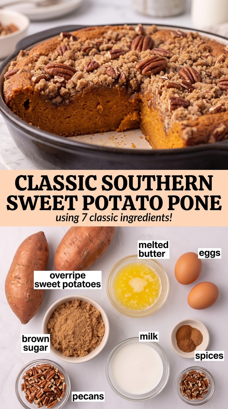 Sweet potato pone recipe finished dish made with overripe sweet potatoes, melted butter, and eggs
