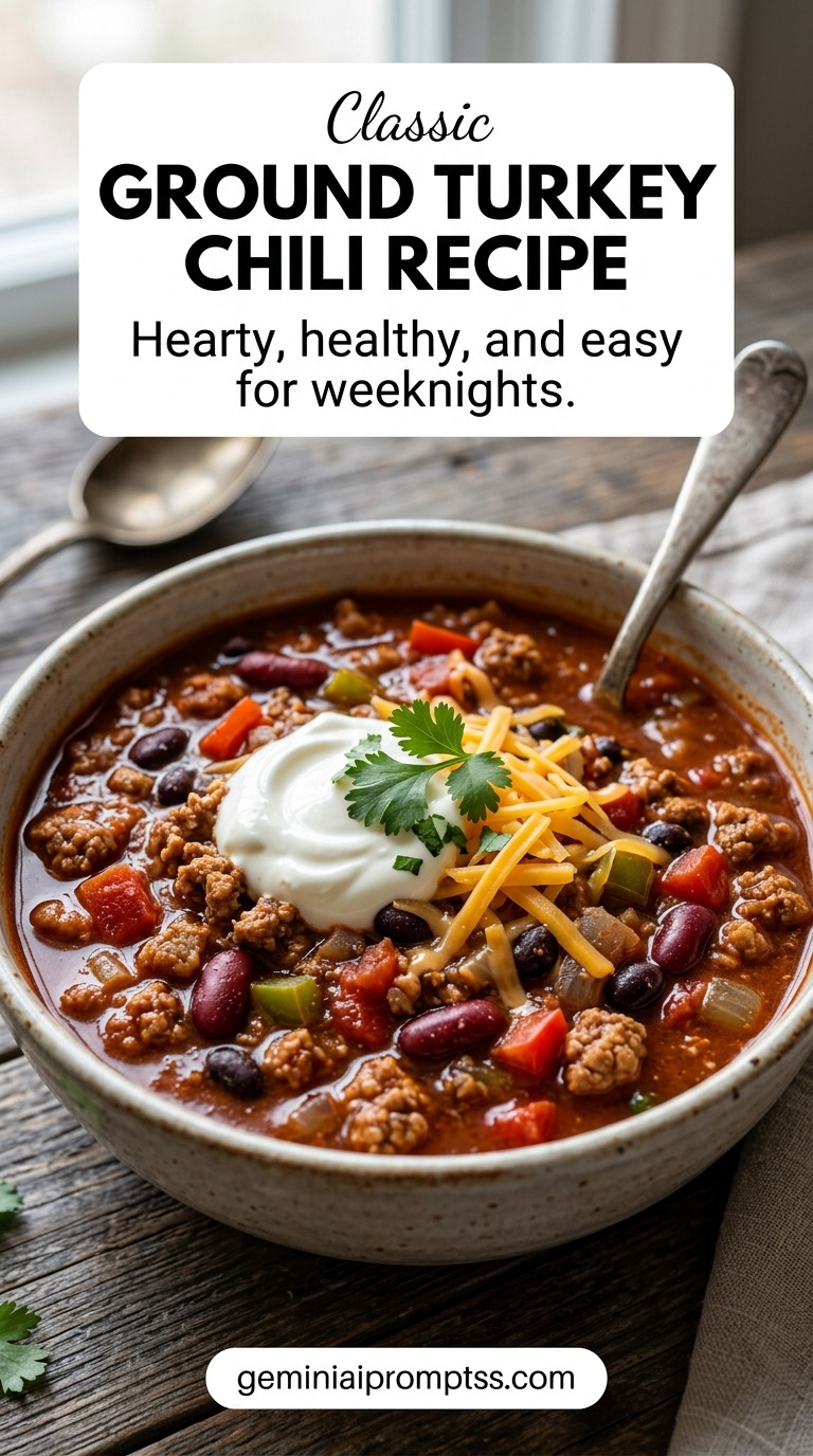 Ground Turkey Chili Recipe showing ground turkey chili with red beans, peppers, tomatoes, sour cream, cheddar, and cilantro