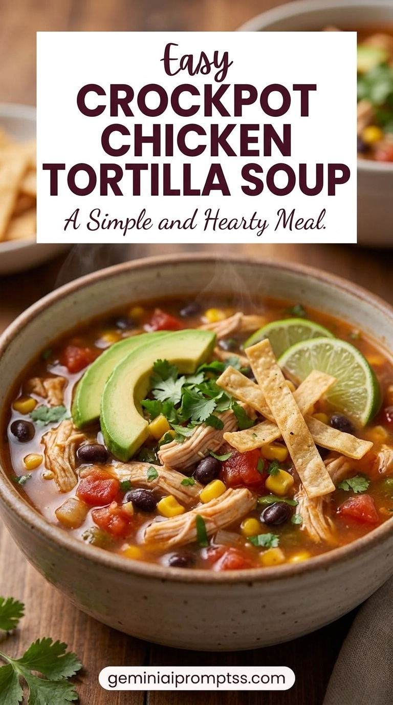Easy Crockpot Chicken Tortilla Soup with shredded chicken, tortilla strips, avocado, beans, corn, lime, and a red tomato-chile broth