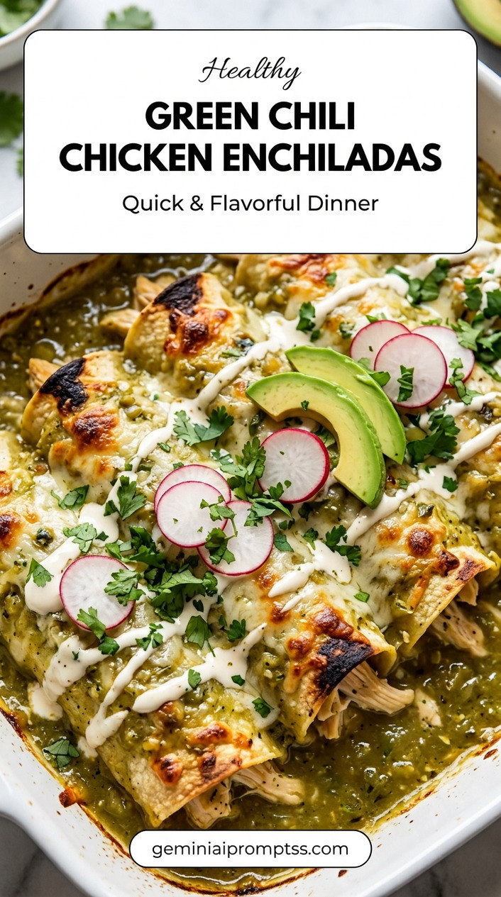 Healthy Green Chili Chicken Enchiladas finished dish with shredded chicken, melted cheese