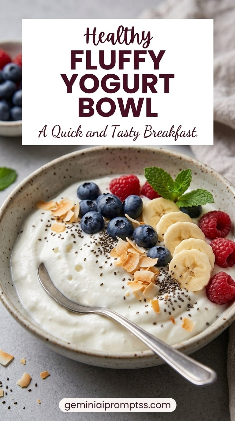 Fluffy Yogurt Bowl showing whipped yogurt with berries, banana, granola, coconut, and chia