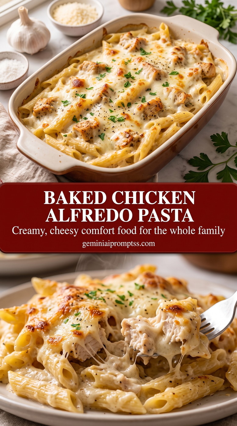 Baked Chicken Alfredo Pasta with creamy chicken pasta with Parmesan, garlic, pale sauce, and a fresh herb finish