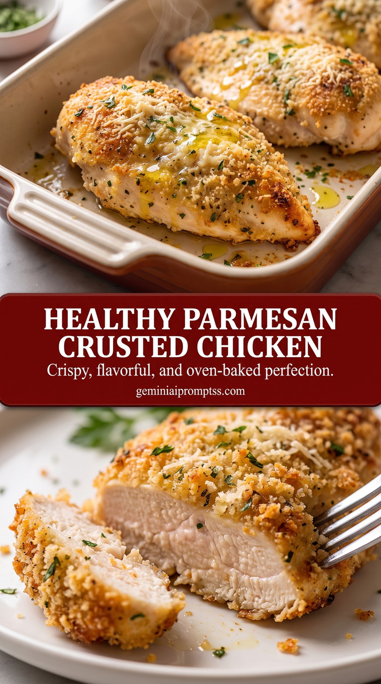 Healthy parmesan crusted chicken showing golden Parmesan-crusted chicken with a crisp browned coating