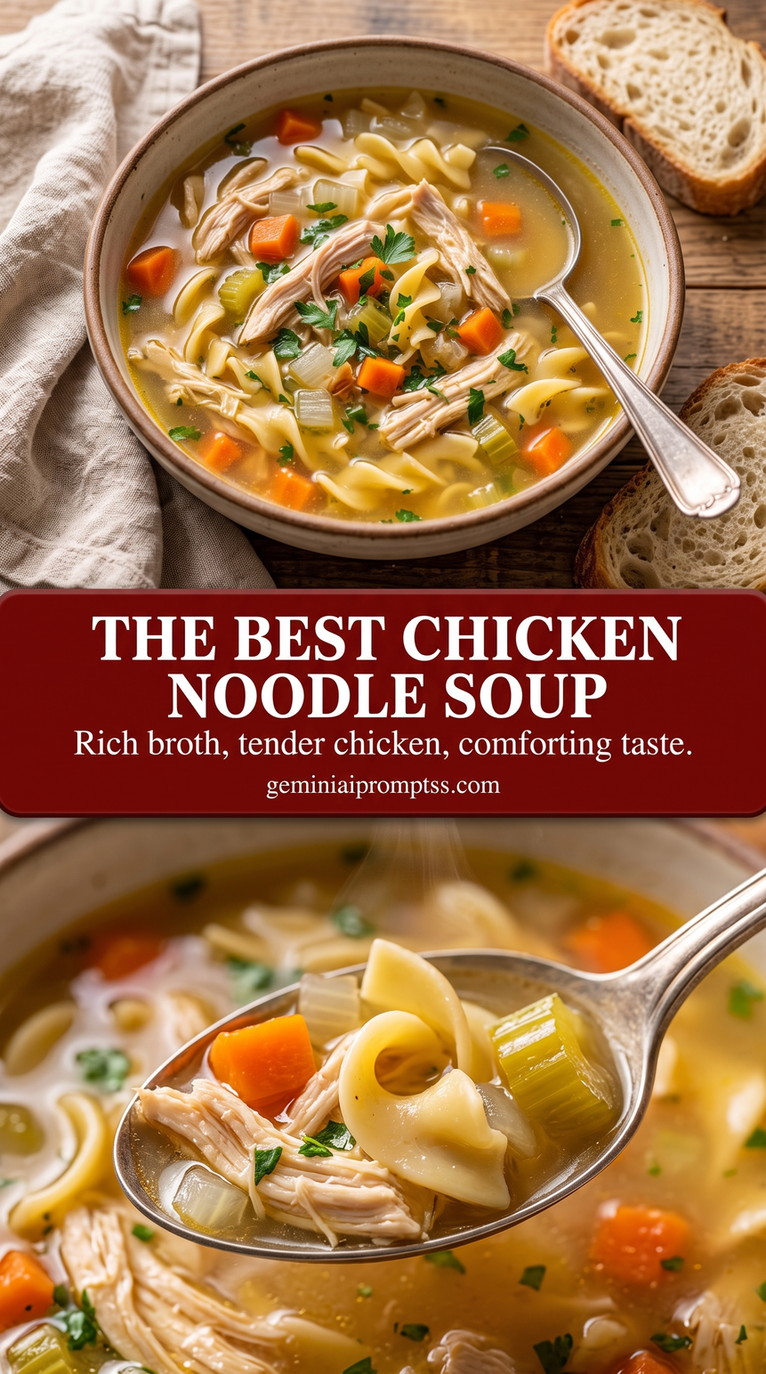 Rich Roasted-Chicken Noodle Soup finished dish with rich roasted-chicken noodle soup