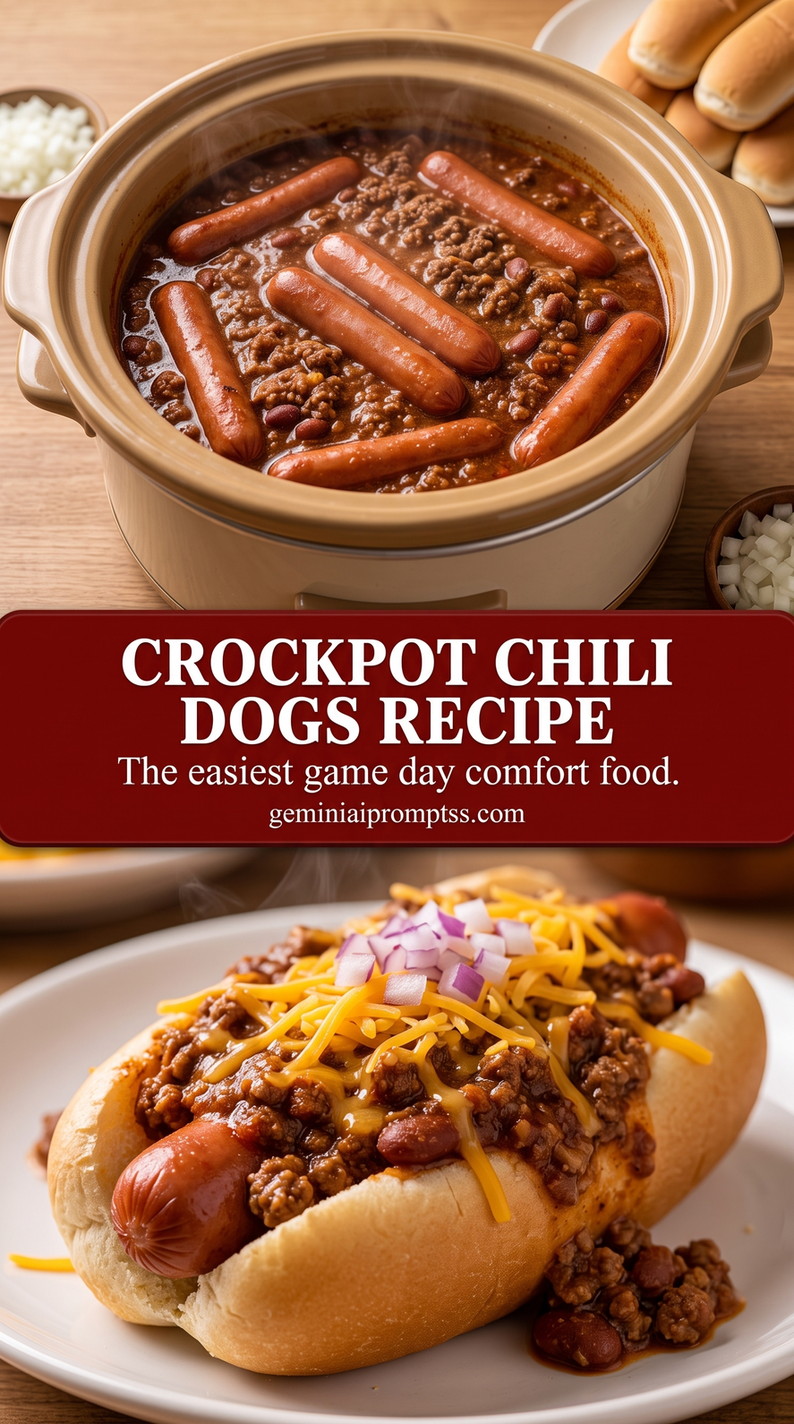 crockpot chili dogs recipe with hot dogs in a meaty bean chili, served in buns with cheddar and red onion