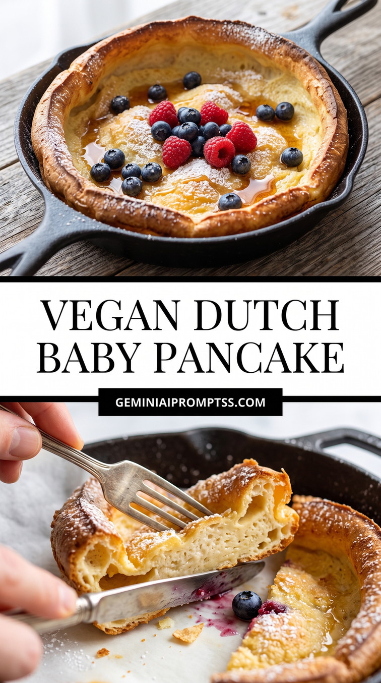 Vegan Dutch Baby Pancake showing egg-free Dutch baby-style pancake with browned edges and mixed berries