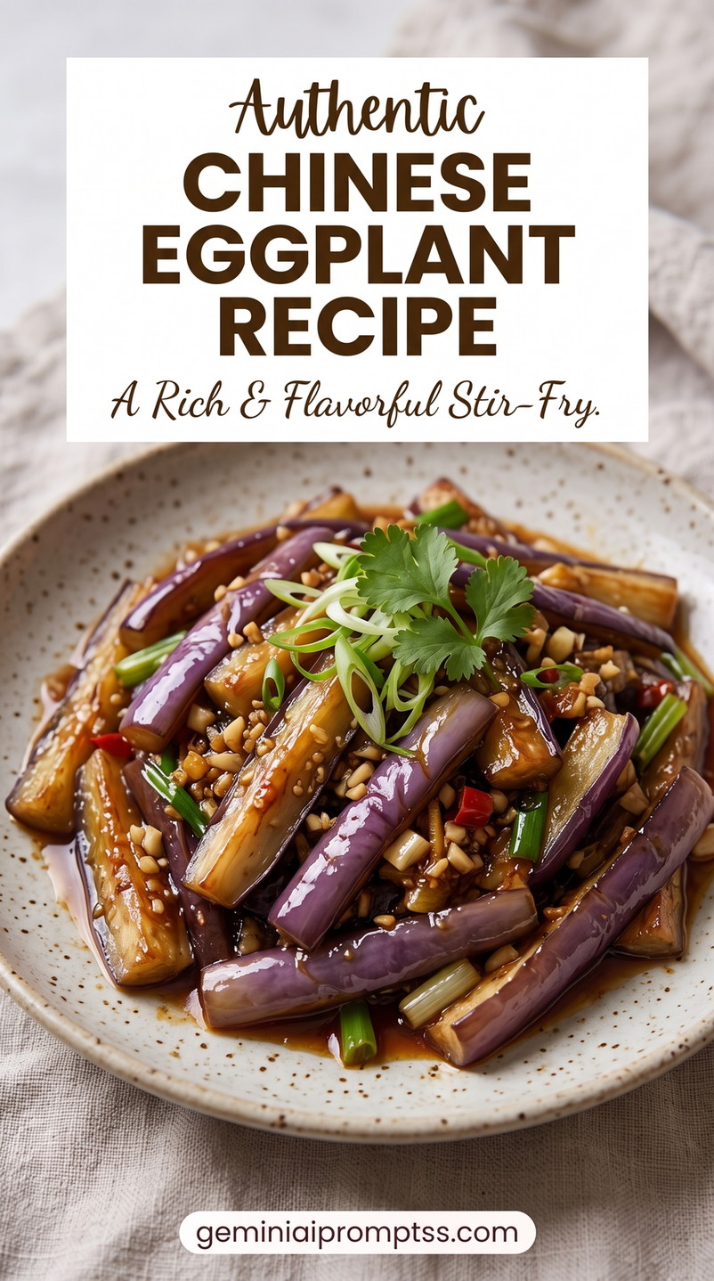 Chinese Garlic Eggplant with Scallions showing long Chinese eggplant in a glossy garlicky sauce with scallions and herbs