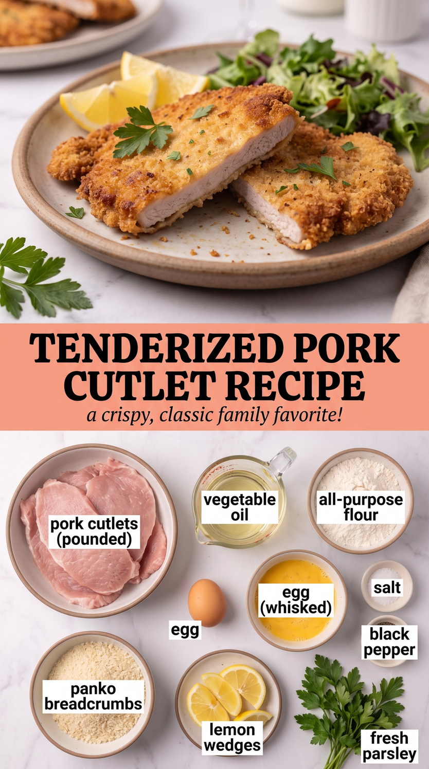 Tenderized Pork Cutlets with Mushroom Sauce prepared as a finished tenderized pork cutlet recipe recipe with browned cutlets ready to serve
