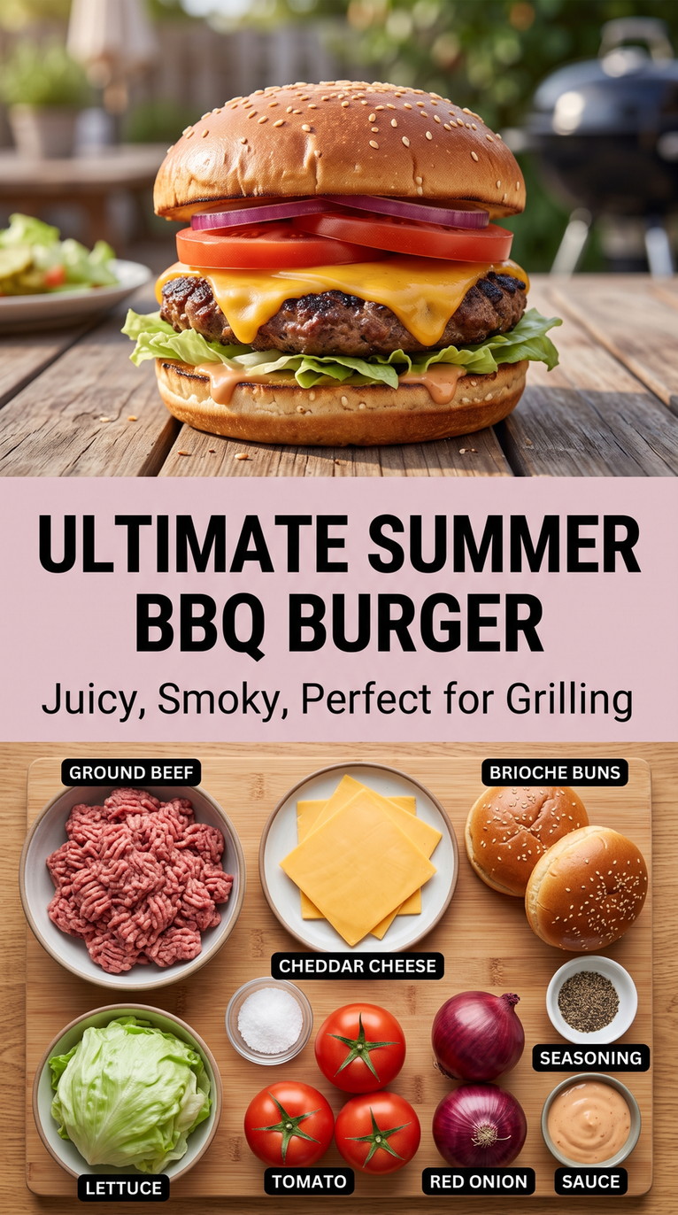 Summer Hamburger Meat Recipes with summer grilled burgers with cheddar, lettuce, tomato, red onion, and burger sauce