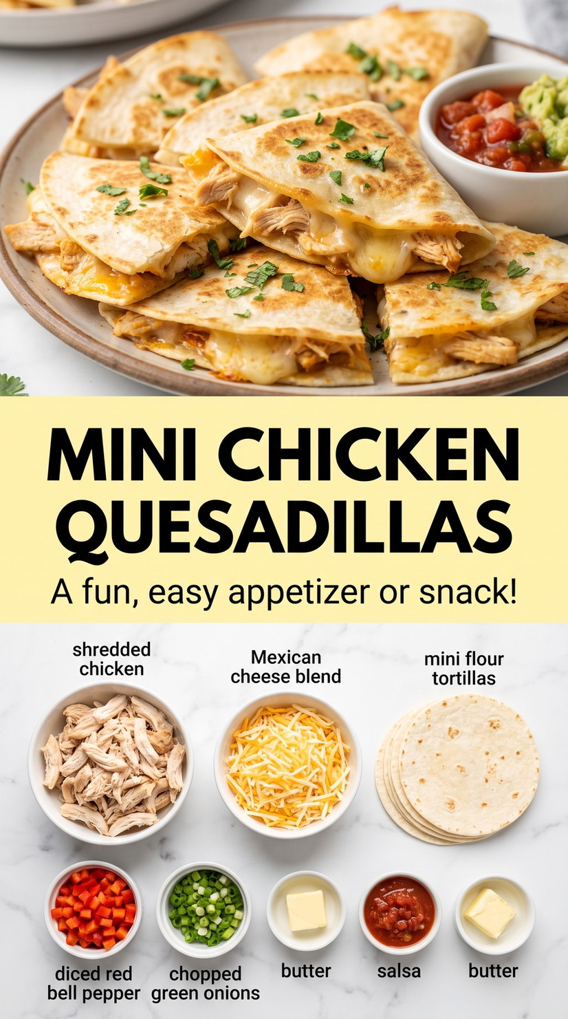 Mini chicken quesadillas showing golden crisp quesadillas with melted cheese and a savory filling
