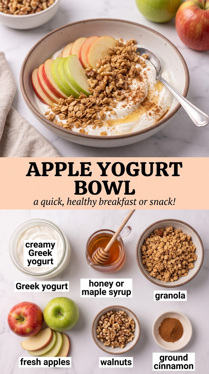 Apple Yogurt Bowl showing Greek yogurt topped with red and green apple slices, granola, walnuts, honey, and cinnamon