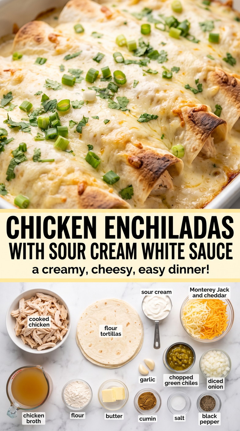 Chicken Enchiladas with Sour Cream White Sauce - creamy baked chicken enchiladas with melted cheese and green chile sauce