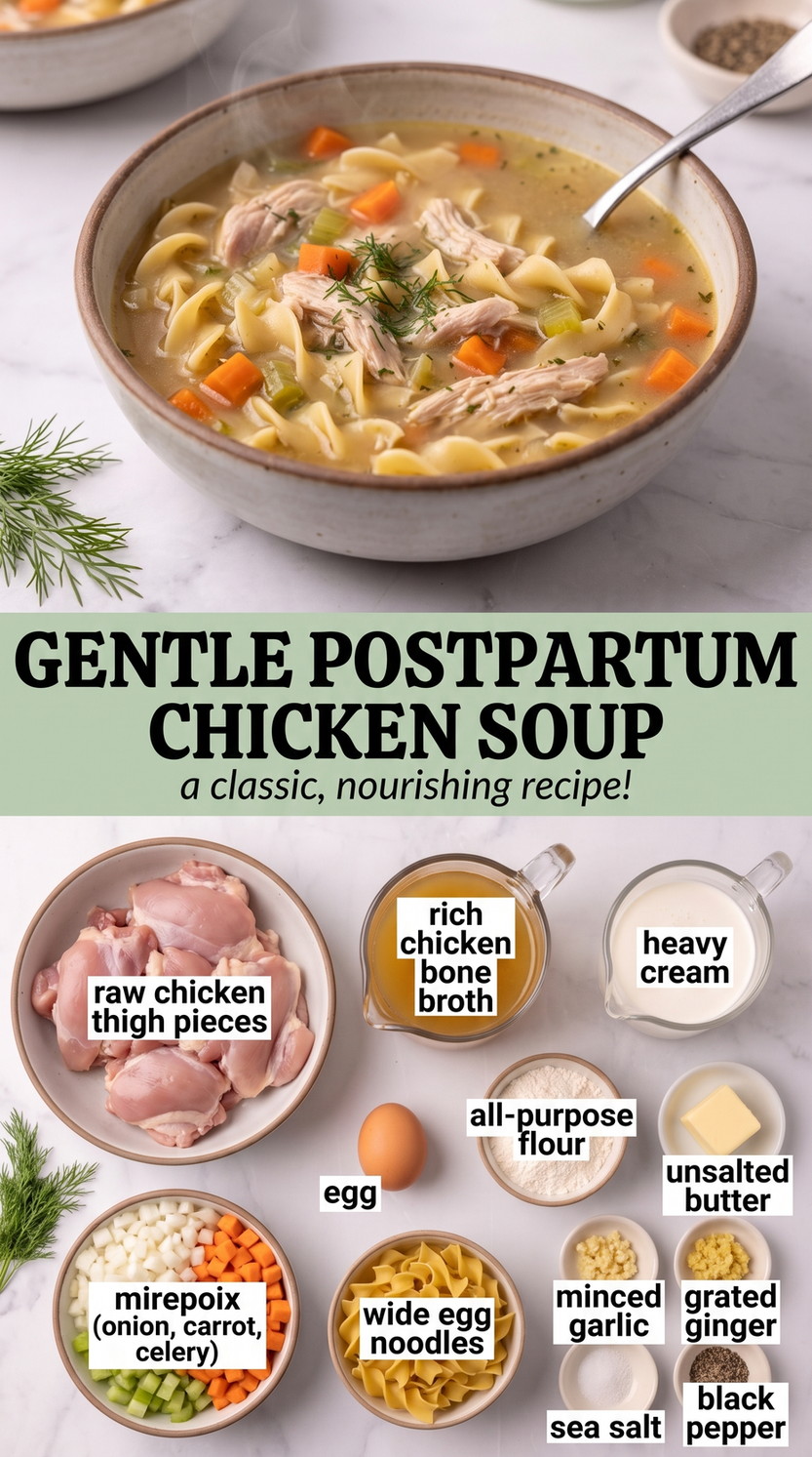 Postpartum Recipes showing a creamy chicken noodle soup with carrots, celery and herbs